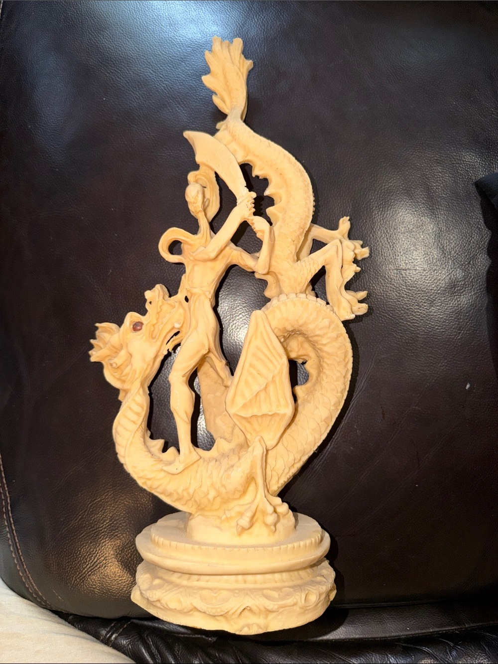 Cream Dragon and Warrior Sculpture - Decorative Home Art